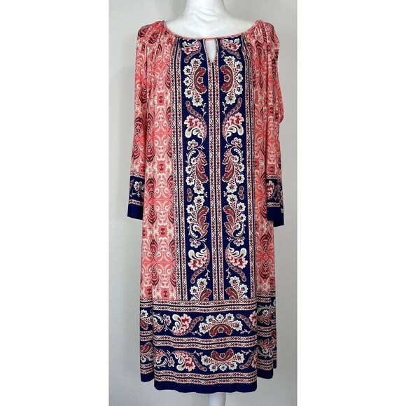 London Times Dresses & Skirts - London Times Medallion Border Print Midi Shift Pink Navy Keyhole Plus Size 20W
